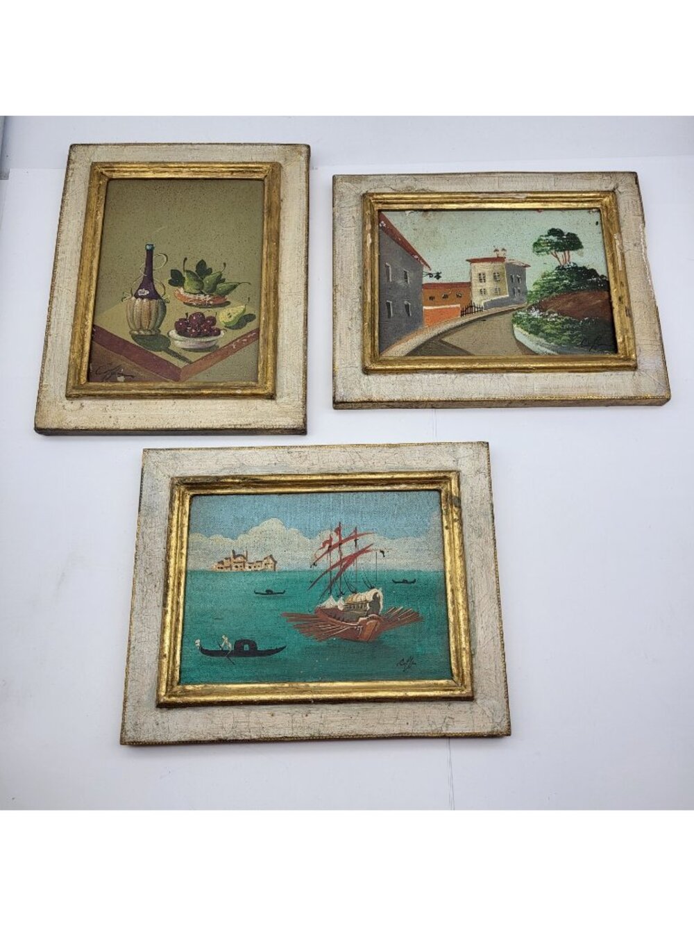 Vintage Italy Hand Painted Art Pictures Still Life Boats Town Scape lot of 3
